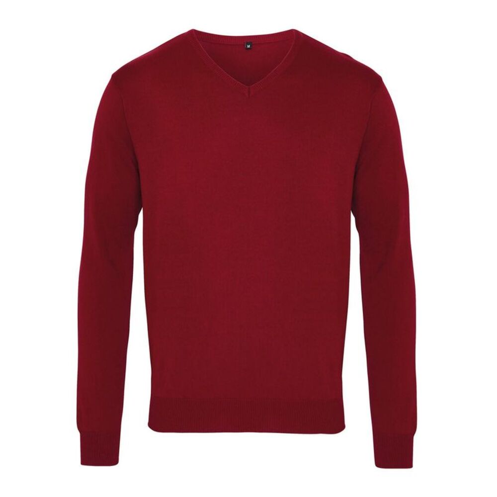 Premier Mens Knitted Cotton Acrylic V Neck Sweatshirt / Burgundy